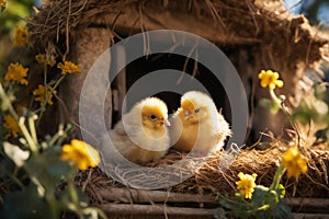 Portrait of small baby chickens on a bright sunny day, on a ranch in the village, rural surroundings on the background of