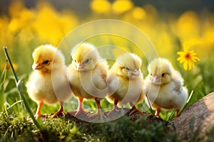 Portrait of small baby chickens on a green grass meadow, bright sunny day, on a ranch in the village, rural surroundings on