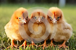 Portrait of small baby chickens on a green grass meadow, bright sunny day, on a ranch in the village, rural surroundings on