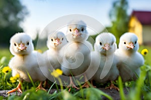 Portrait of small baby chickens on a green grass meadow, bright sunny day, on a ranch in the village, rural surroundings on