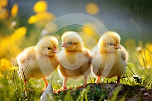 Portrait of small baby chickens on a green grass meadow, bright sunny day, on a ranch in the village, rural surroundings on