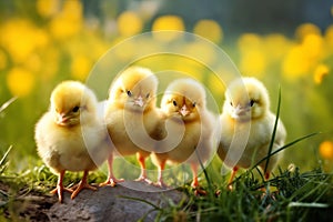 Portrait of small baby chickens on a green grass meadow, bright sunny day, on a ranch in the village, rural surroundings on