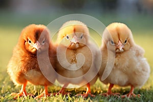 Portrait of small baby chickens on a green grass meadow, bright sunny day, on a ranch in the village, rural surroundings on