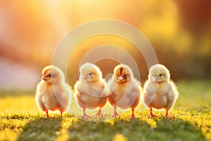 Portrait of small baby chickens on a green grass meadow, bright sunny day, sun beams at sunset, on a ranch in the village