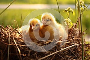 Portrait of small baby chickens in a nest, on a bright sunny day, on a ranch in the village, rural surroundings on the