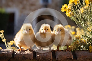 Portrait of small baby chickens on an old stone fence with flowers, on a ranch in the village, rural surroundings on the