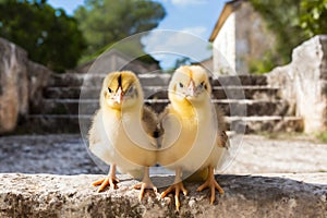 Portrait of small baby chickens on a stone steps, on a ranch in the village, rural surroundings on the background of spring