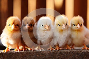 Portrait of small baby chickens on a woods, on a ranch in the village, dark background