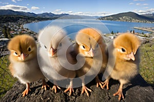 Portrait of small baby chickens in a yard, bright sunny day, on a ranch in the village, rural surroundings with lake and
