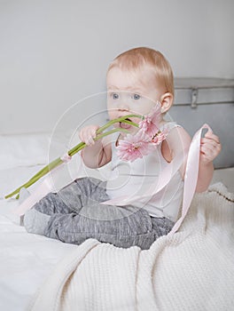 Portrait of 1 small child, blonde girl sitting on the bed in a light top and biting the stems of pink flowers, gerberas