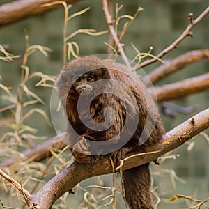 Portrait of small funny hairy monkey on the tree