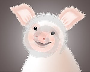 Portrait of small Furry Pink Cute smiling Piggy. Vector illustration