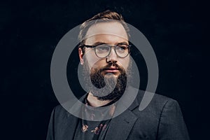 Portrait of a smart bearded man in glasses in a dark studio