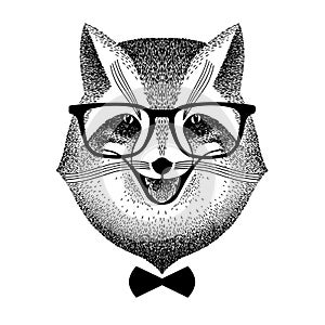 Portrait of a smart fox in glasses and bow-tie. Fox hipster style. Stylized vector illustration. sly fox smiles. gentleman.