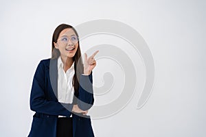 Portrait of smart and happy young thoughtful Asian business women think for new ideas on isolated white background. Concept of