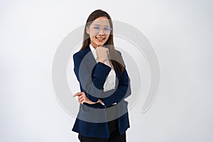 Portrait of smart and happy young thoughtful Asian business women think for new ideas on isolated white background. Concept of