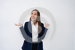 Portrait of smart and happy young thoughtful Asian business women think for new ideas on isolated white background. Concept of