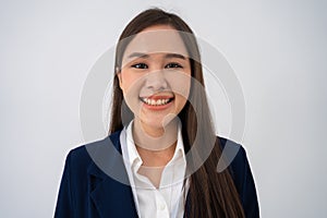 Portrait of smart and happy young thoughtful Asian business women think for new ideas on isolated white background. Concept of