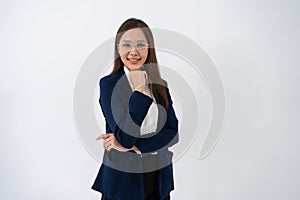 Portrait of smart and happy young thoughtful Asian business women think for new ideas on isolated white background. Concept of