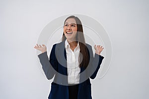 Portrait of smart and happy young thoughtful Asian business women think for new ideas on isolated white background. Concept of