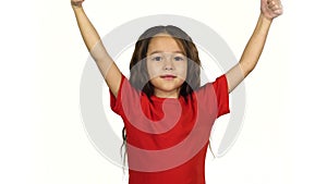 Portrait smart kid showing thumbs up her hands on white background