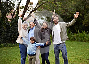 Portrait, smile and big family outdoor for freedom, celebration or laugh together at backyard. Park, happy and child