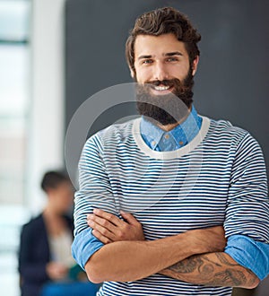 Portrait, smile and business man with arms crossed in startup office for career, job or pride in France. Face, happy