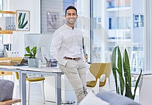Portrait, smile and business man in office at desk for career and job at company in Mexico. Face, happy professional and