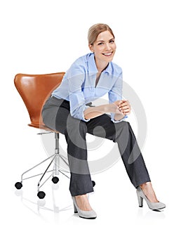 Portrait, smile and business woman on chair in studio isolated on white background. Ceo, boss and happy, confident and