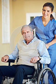 Portrait smile, caregiver or old man in wheelchair in hospital clinic helping an elderly patient for trust or support