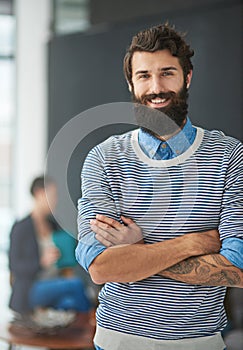 Portrait, smile and confident business man in startup office for career, job or pride in France. Face, happy