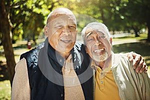 Portrait, smile and elderly friends at park outdoor, bonding for support together and care. Face, happy senior men in