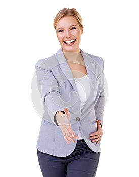 Portrait, smile and handshake with business woman in studio isolated on white background for welcome. Thank you