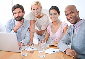 Portrait, smile and laptop with business people in office for meeting, planning or collaboration. Diversity, teamwork or