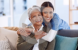 Portrait, smile and nurse hug old woman in retirement house, bonding and medical care. Face, hugging and elderly person