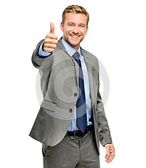 Portrait, smile and thumbs up with a business man in studio isolated on a white background for motivation. Professional