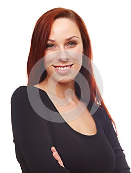 Portrait, smile and woman with arms crossed, confident model and beauty isolated on a white studio background. Face