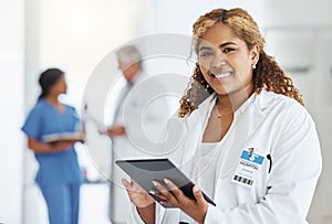 Portrait smile, woman and doctor with tablet for research, telehealth or healthcare in hospital. Technology, medical