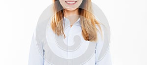 Portrait smile woman, girl in shirt isolated on white background, copy space