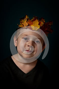 Portrait of a smiling 4-6 child with a crown of leaves on his head