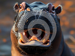 portrait of a smiling African hippopotamus with all his teeth