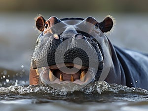 portrait of a smiling African hippopotamus with all his teeth