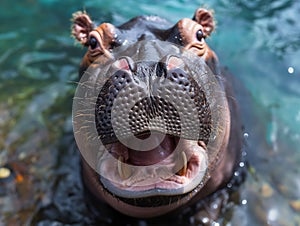 portrait of a smiling African hippopotamus with all his teeth