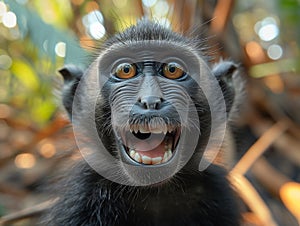 portrait of a smiling African monkey with all his teeth, A cute monkey lives in a natural forest
