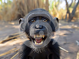portrait of a smiling African monkey with all his teeth, A cute monkey lives in a natural forest