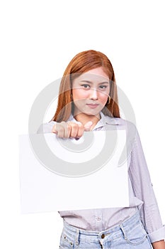 Portrait of smiling Asian woman standing and hold blank white paper sheet in hand isolated on white background with clipping path