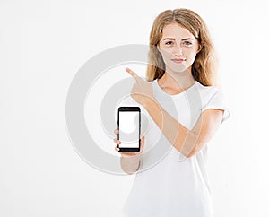 Portrait of smiling attractive woman hold blank screen cellphone, pointing isolated on white background, hand holding phone