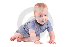 Portrait of smiling baby boy isolated on white background.