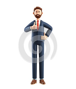 Portrait of smiling bearded businessman showing gesture cool. 3D illustration of cartoon standing man in suit with thumb up pose,