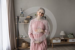 Portrait of smiling beautiful pregnant woman posing at home.